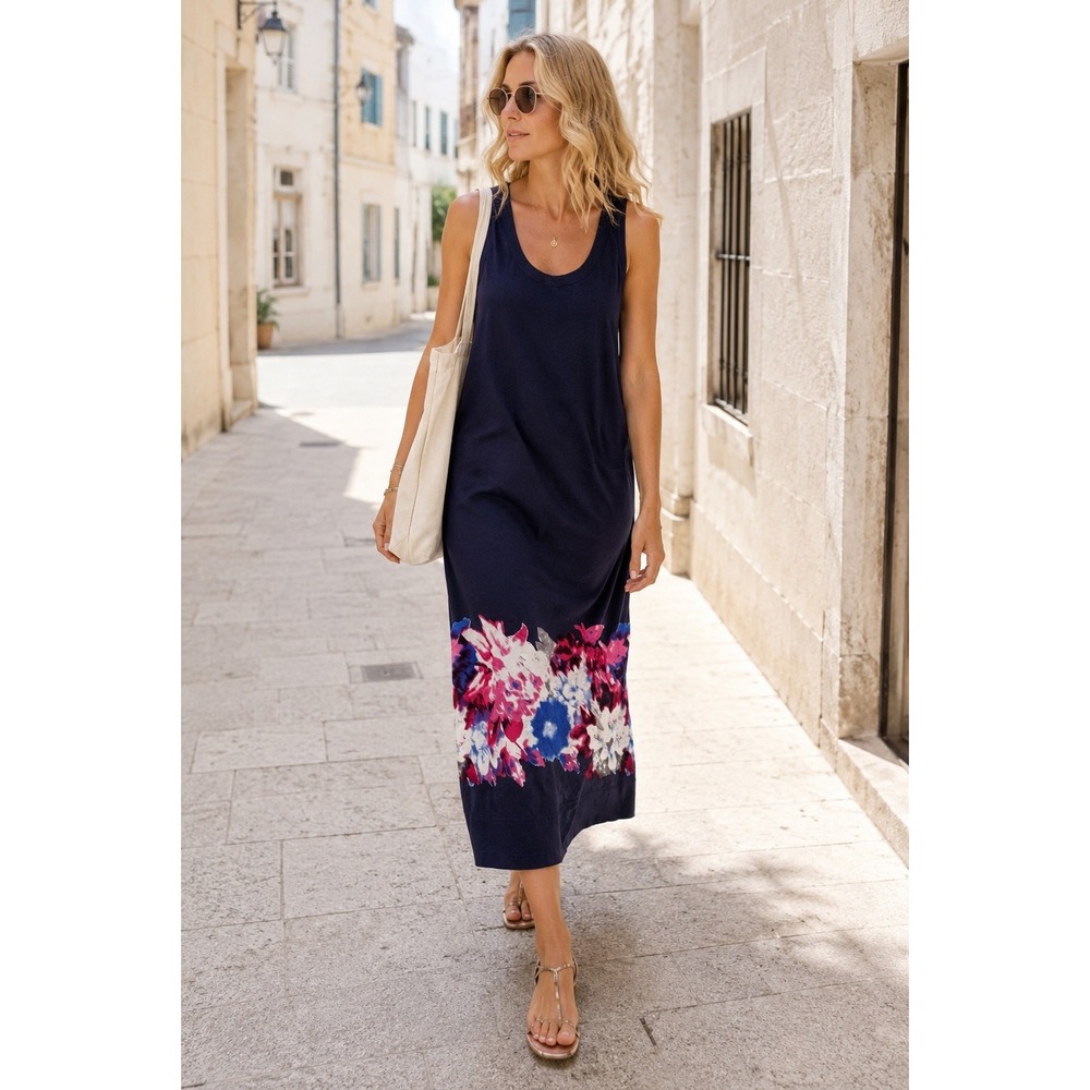 DKNY Pure Women's L Navy Sleeveless Dress Floral Hem Print Cotton NWT - Picture 1 of 7